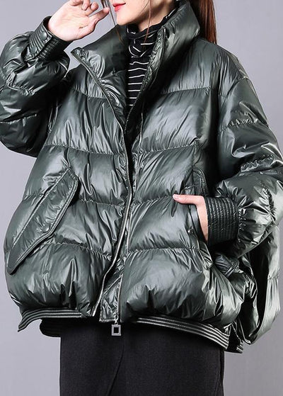 Elegant blackish green warm winter coat trendy plus size stand collar zippered Casual Jackets