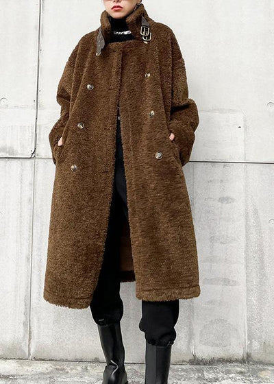 Elegant chocolate woolen coats Winter coat lapel pockets coats