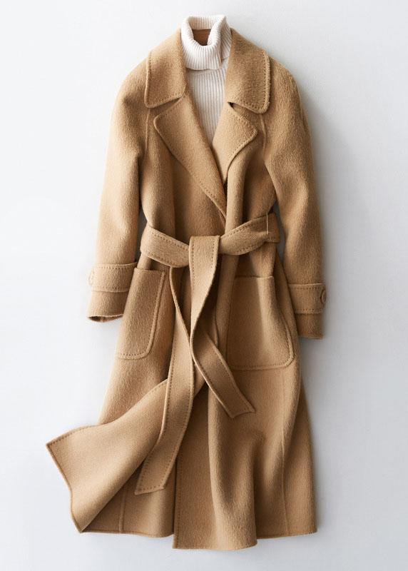 Elegant plus size clothing long jackets lapel collar women coats khaki tie waist wool overcoat