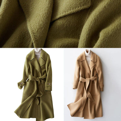 Elegant plus size clothing long jackets lapel collar women coats khaki tie waist wool overcoat
