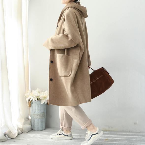 Fashion 2018 Khaki Simple Hoodie Medium Length Woolen Coat For Women