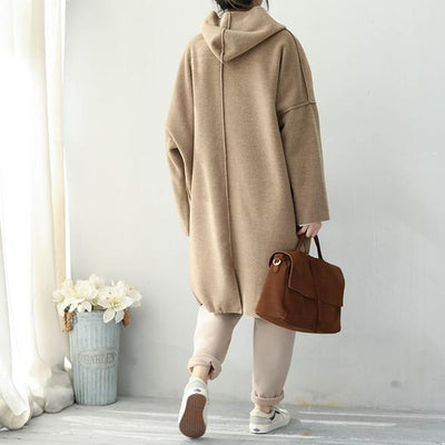 Fashion 2018 Khaki Simple Hoodie Medium Length Woolen Coat For Women