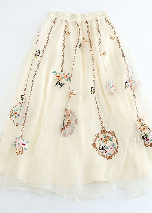 Fashion Apricot Wrinkled Embroideried Tulle Skirt Summer