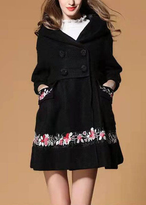 Fashion Black Hooded Embroideried Woolen Winter Coat