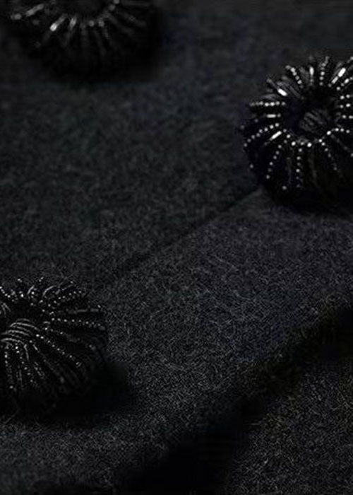 Fashion Black Hooded Embroideried Woolen Winter Coat