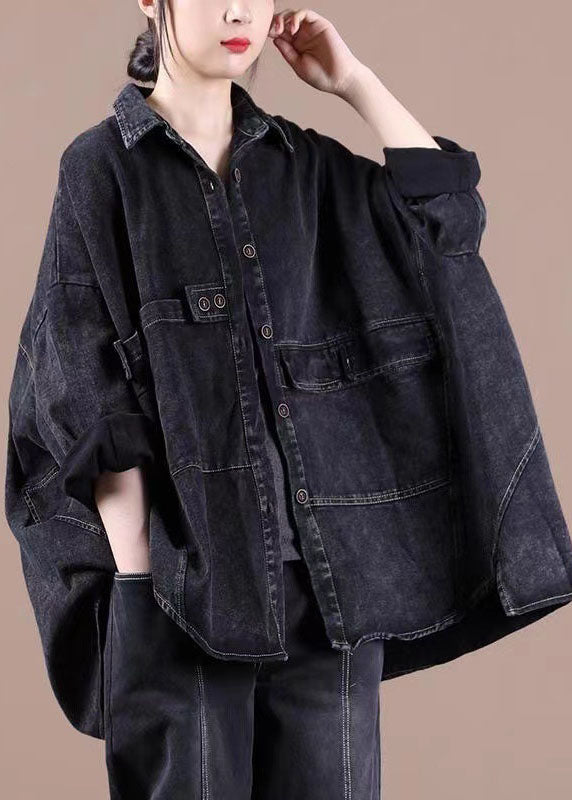 Fashion Black Loose Button Patchwork asymmetrical design Fall Denim Long sleeve Blouse Tops