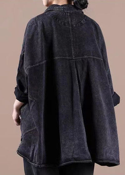 Fashion Black Loose Button Patchwork asymmetrical design Fall Denim Long sleeve Blouse Tops