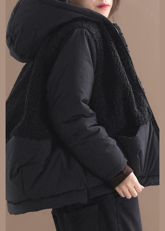 Fashion Black hooded Patchwork Zippered Long Sleeve Winter Coat