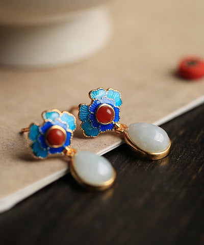 Fashion Blue Floral Sterling Silver Jade Jadeite Stud Earrings
