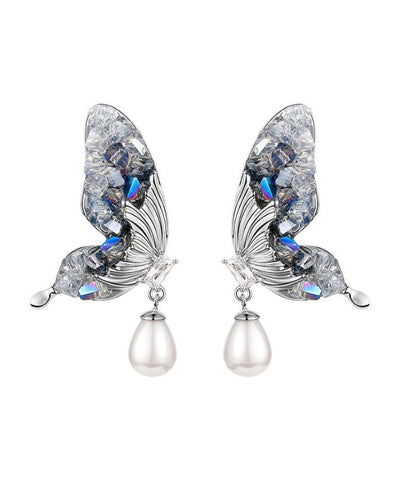 Fashion Blue Sterling Silver Zircon Pearl Crystal Butterfly Water Droplet Drop Earrings
