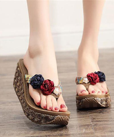 Fashion Brown Splicing Floral Holiday Thong Sandals Platform