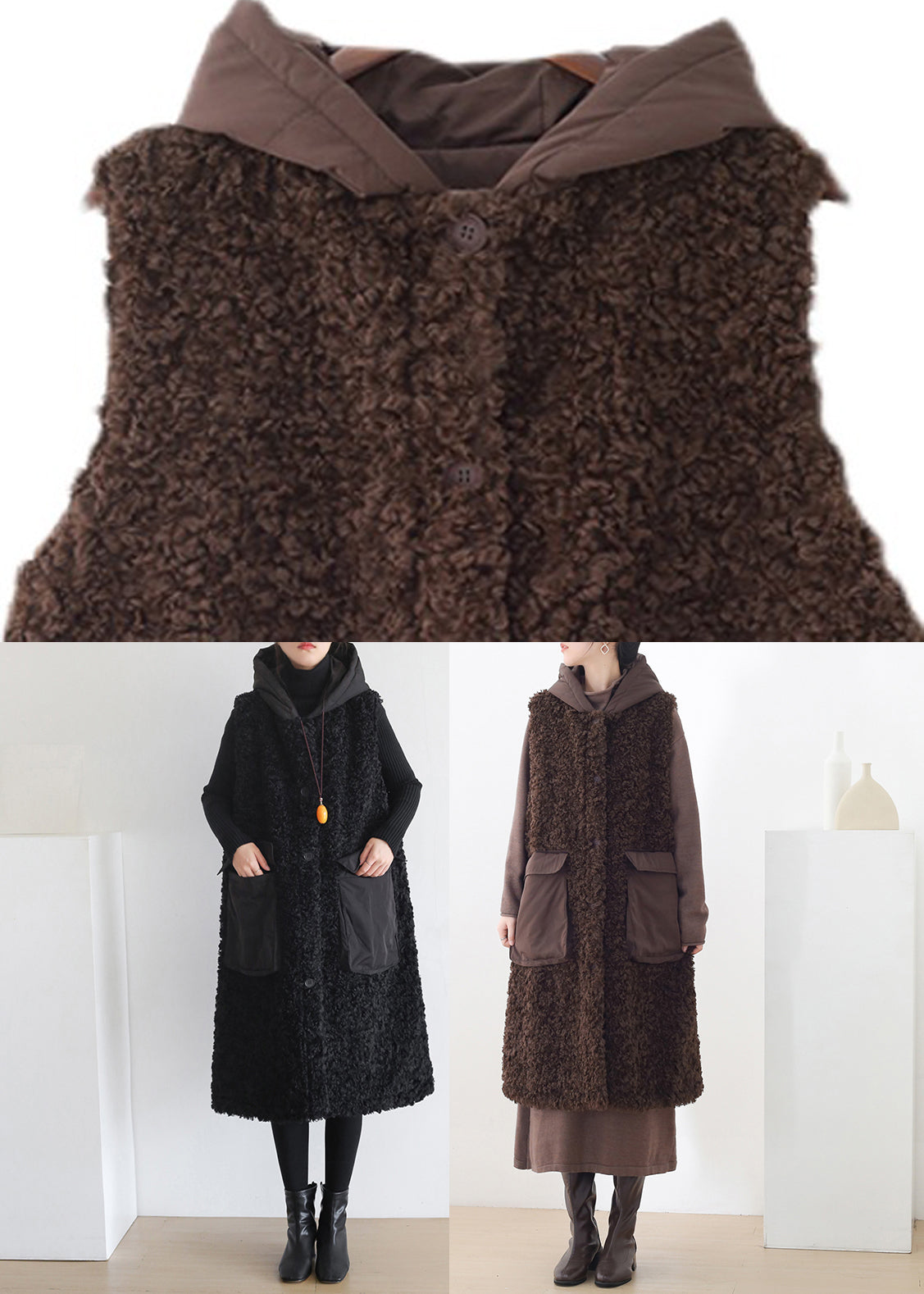 Fashion Chocolate Colour Button Woolen Hooded Waistcoat Sleeveless