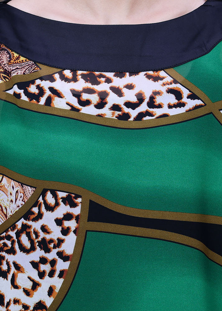 Fashion Green Leopard Print Low High Design Chiffon UPF 50+ Top Batwing Sleeve
