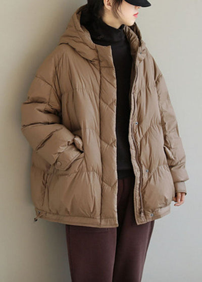 Fashion Khaki Hooded Zippered Pockets Winter Down Coat Long sleeve