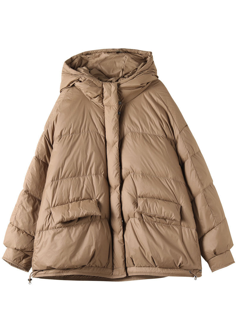 Fashion Khaki Hooded Zippered Pockets Winter Down Coat Long sleeve