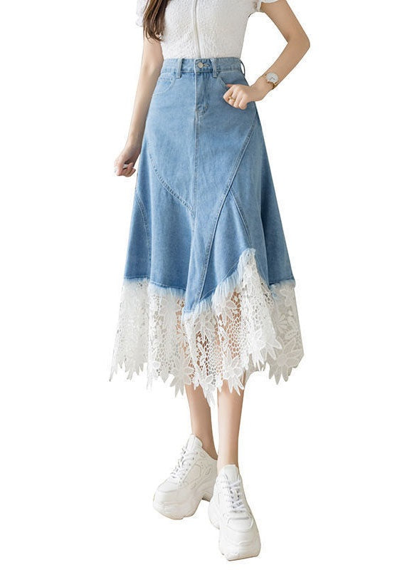 Fashion Light Blue Asymmetrical Design Lace Patchwork Denim Skirt Spring