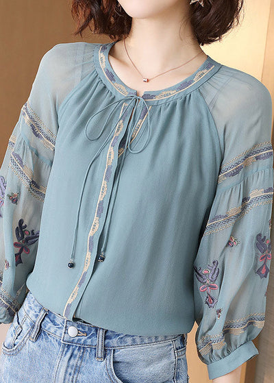 Fashion Light Blue O-Neck drawstring Embroideried Silk tops Spring