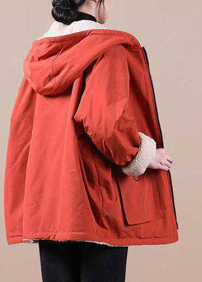 Fashion Orange hooded zippered Pockets Loose Winter parkas Coat