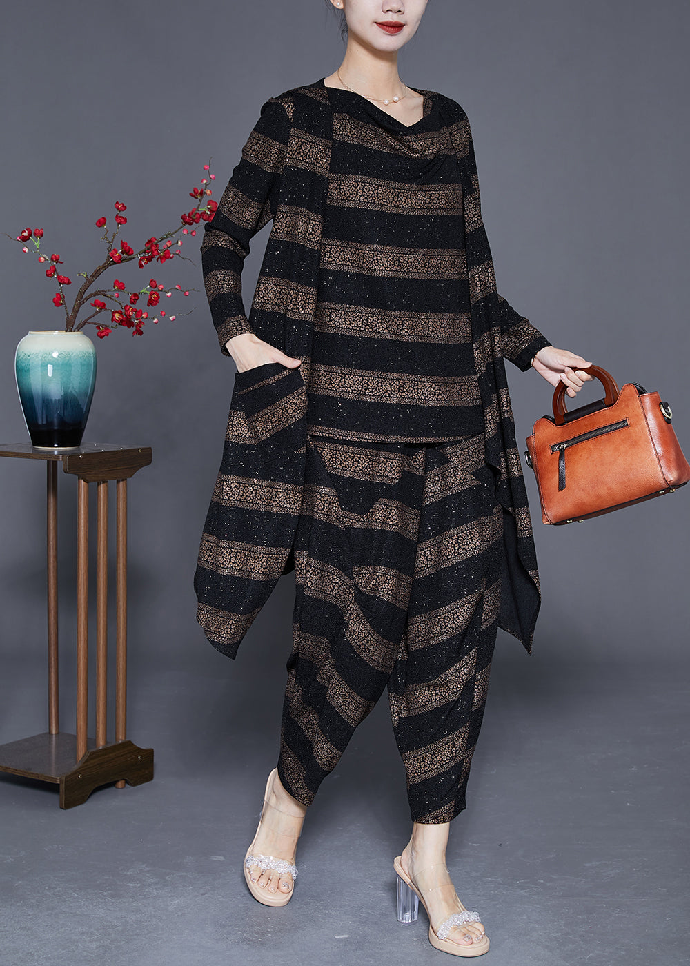 Fashion Oversized Striped Silk Three Piece Suit Set Spring