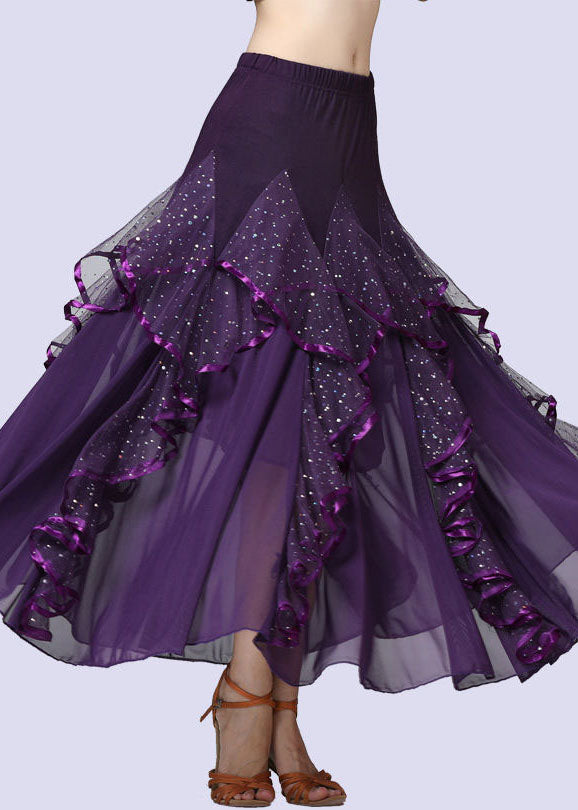 Fashion Purple Wrinkled Tulle Patchwork Sequins Cotton Skirts Summer