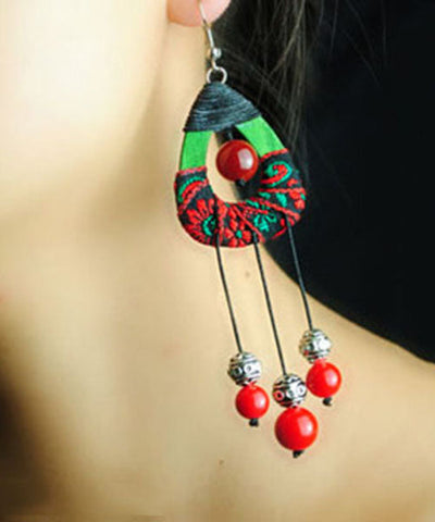 Fashion Red Agate Cotton Rope Tassel Drop Earrings