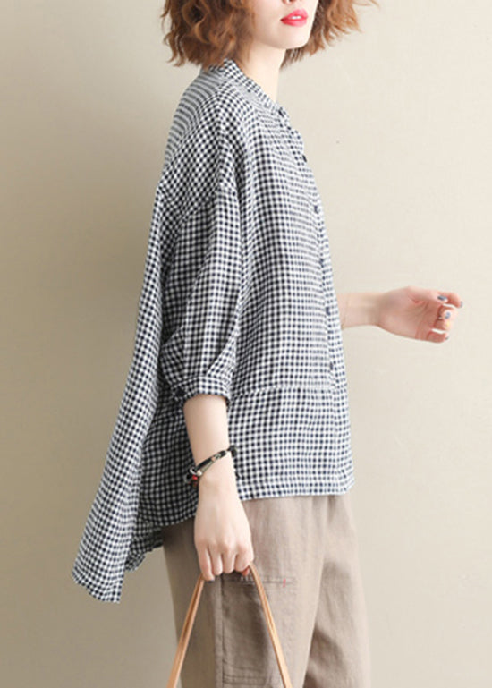 Fashion Stand Collar Buttton low high design Plaid Shirt Tops Half Sleeve