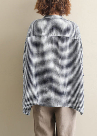 Fashion Stand Collar Buttton low high design Plaid Shirt Tops Half Sleeve