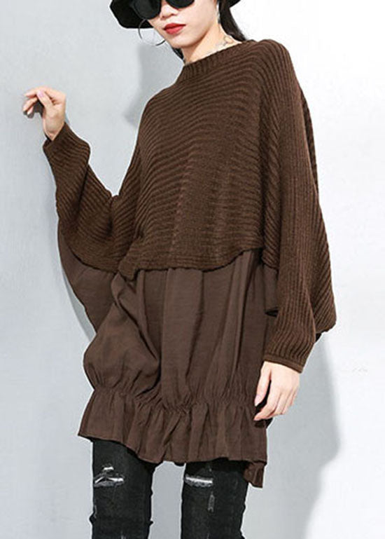 Fashion Chocolate O-Neck Batwing Sleeve Patchwork Knit top