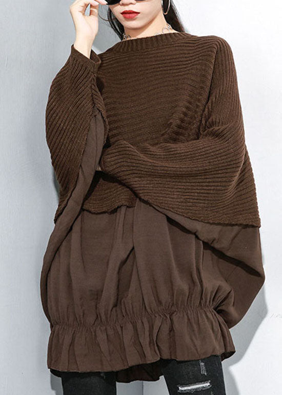 Fashion Chocolate O-Neck Batwing Sleeve Patchwork Knit top