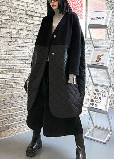 Fine Black Woolen Patchwork PU Pockets Winter Cotton Parka coat