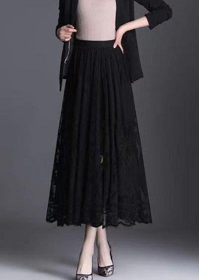 Fine Black Wrinkled Patchwork Hollow Out Lace Skirts Spring