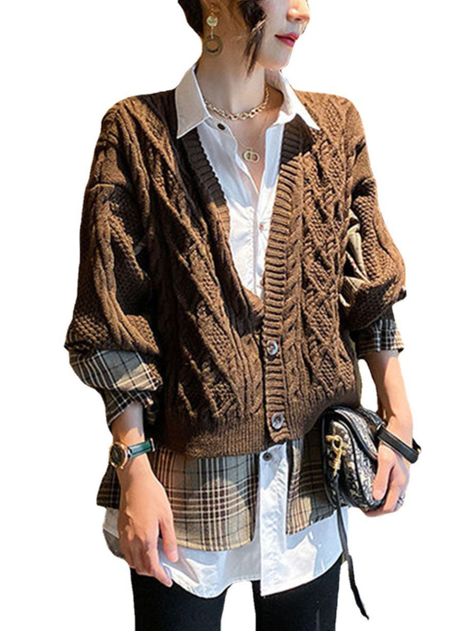 Fine Chocolate Knit Patchwork Plaid Hollow Out wrinkled Fall Wool Two Piece Set Outfits