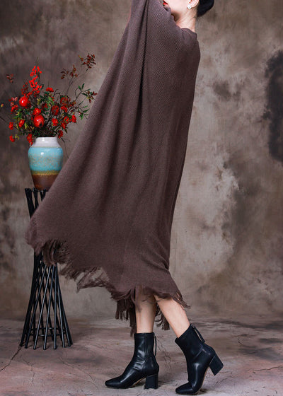 Fine Dark Chocolate Patchwork Black V Neck Tassel Knit Wool Coat Long Sleeve