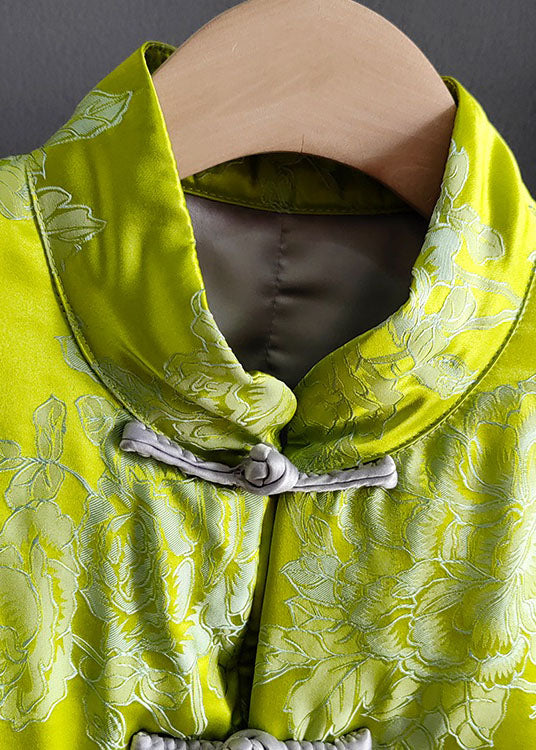 Fine Green Silk Jacquard Chinese Button Fine Cotton Filled Coats Winter