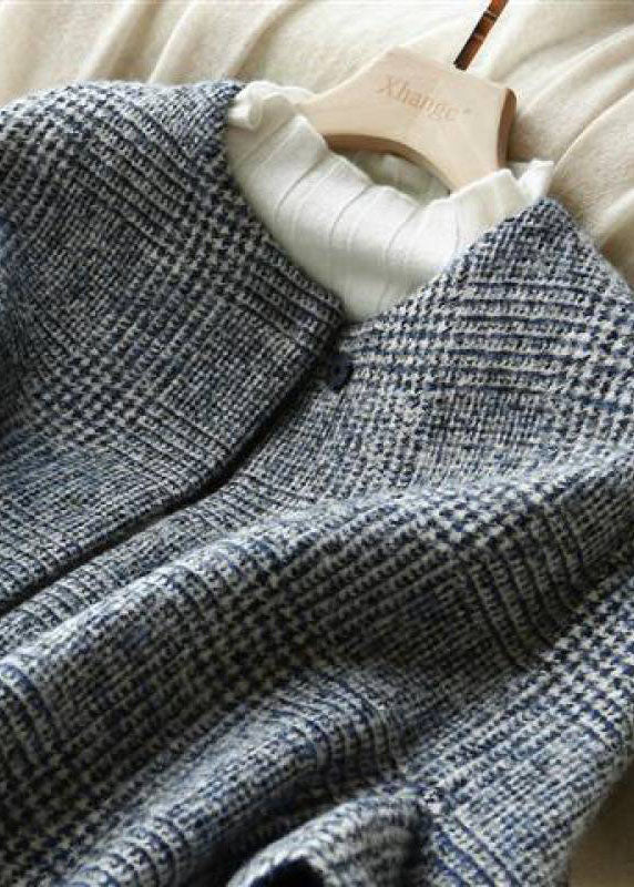 Fine Grey Plaid O-Neck Button Fall Woolen Three Quarter sleeve parka