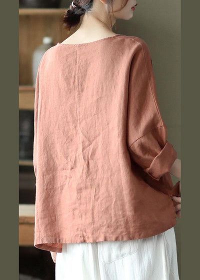 Fine Pink Oriental Retro O-Neck Fall Linen Long Sleeve Blouse Tops