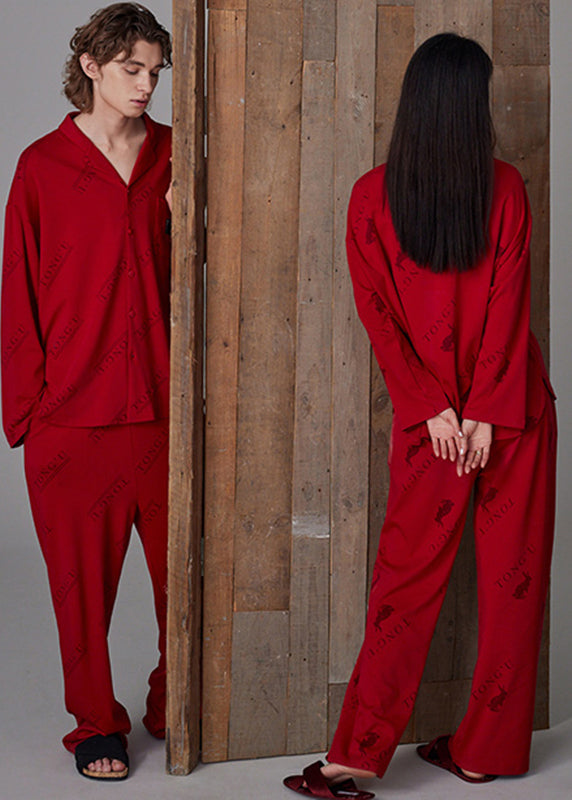 Fine Red Peter Pan Collar Print Button Cotton Couple Pajamas Two Pieces Set Spring