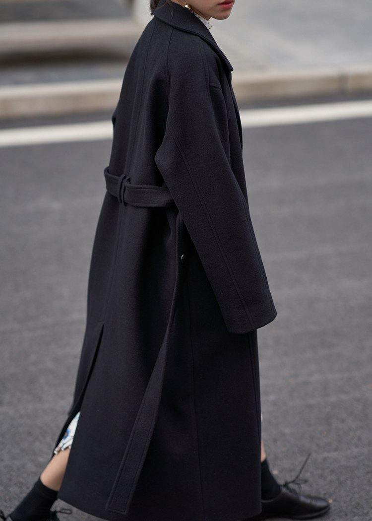 Fine oversize long coats  women black Notched tie waist Wool jackets