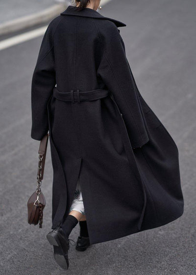 Fine oversize long coats  women black Notched tie waist Wool jackets