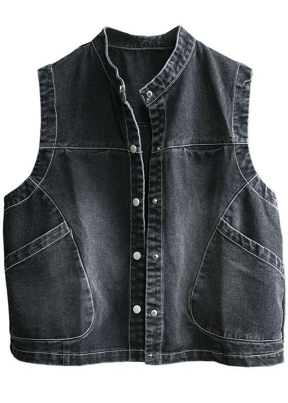 Fitted  Black Stand Collar Pockets Button Fall Top Sleeveless Waistcoat