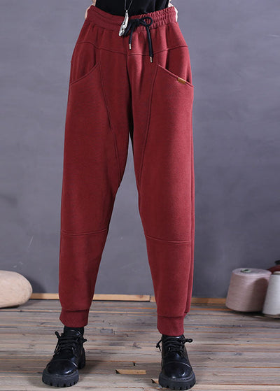 Fitted Red Cinched Pockets Patchwork Warm Fleece Pants Winter