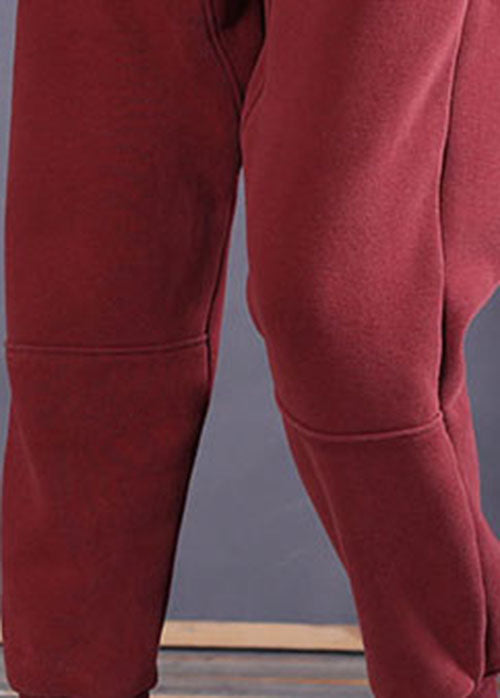 Fitted Red Cinched Pockets Patchwork Warm Fleece Pants Winter