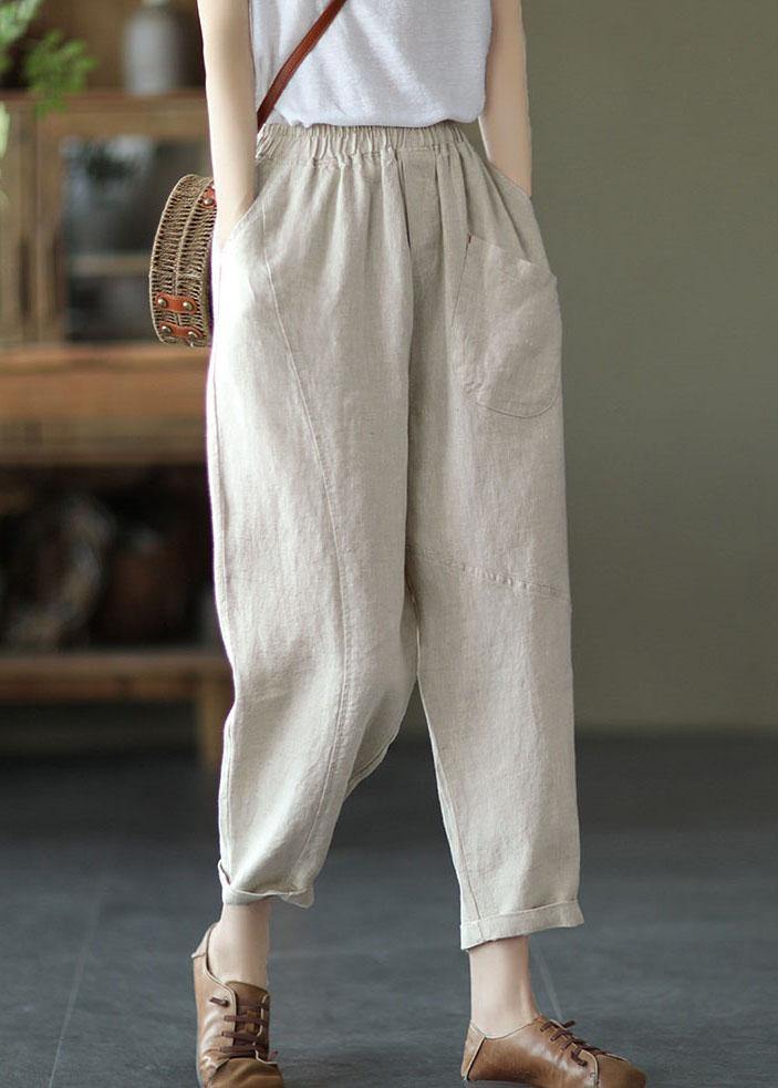 French Beige Elastic Waist Harem Summer Pants Linen