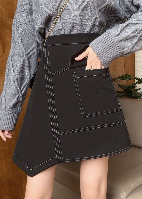French Black Asymmetrical Design Patchwork Cotton Skirts Spring