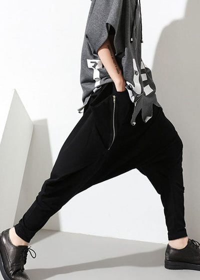 French Black Zip Up Loose Cotton Pants Spring