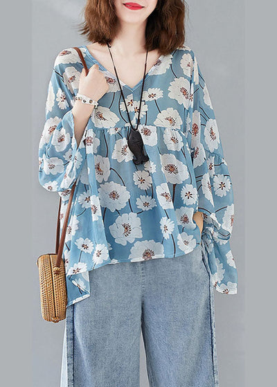 French Blue V Neck Print Patchwork Fall Half Sleeve Top