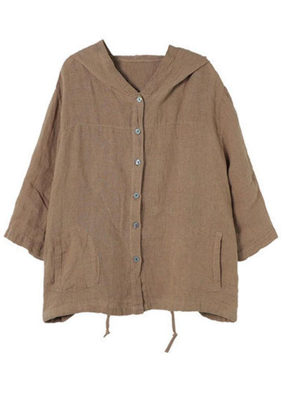 French Chocolate Linenhooded SummerPatchwork Shirt Tops