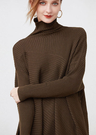 French Chocolate Turtle Neck Patchwork Striped Wool Knitted Tops Long Sleeve