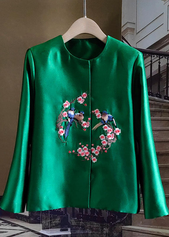 French Green Embroideried Bird Patchwork Silk Coat Spring