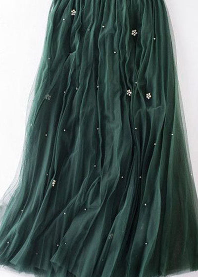 French Green Wrinkled Patchwork High Waist Tulle Skirt Spring